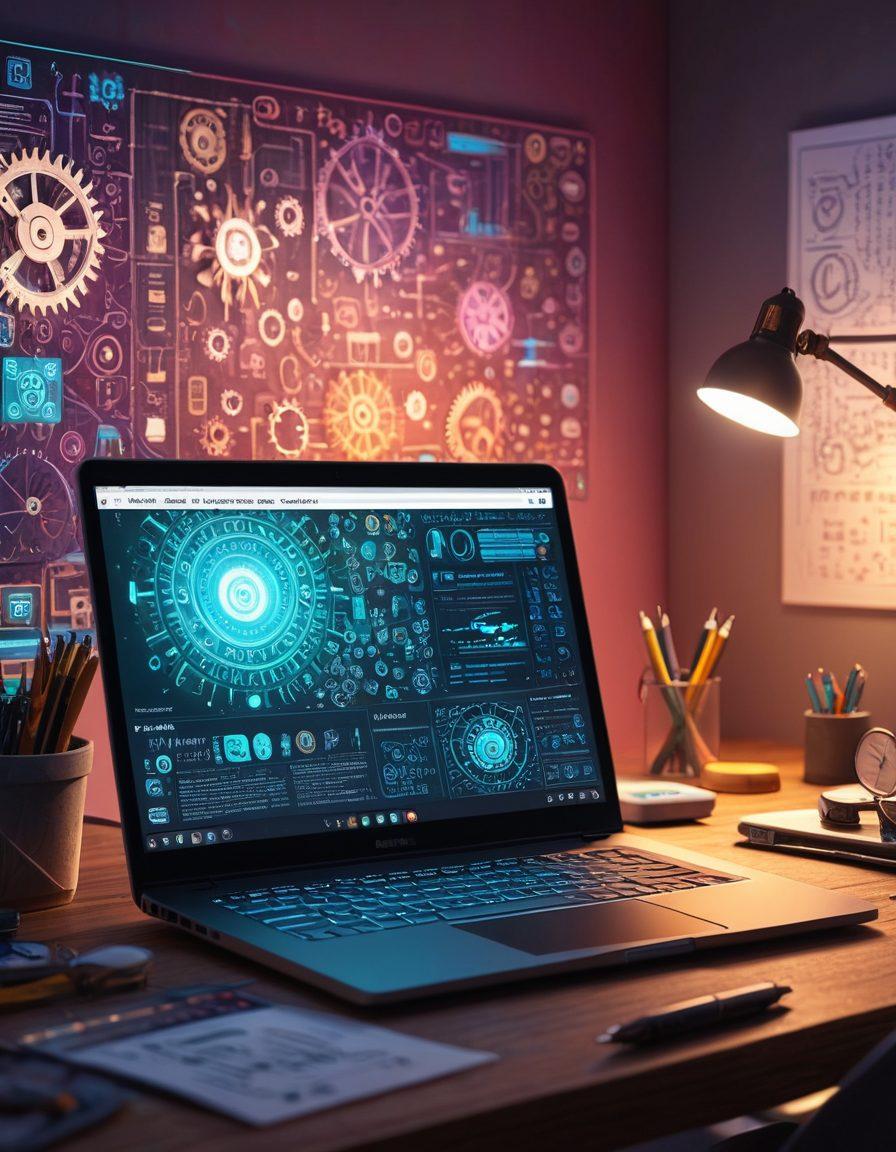 A modern workspace with a laptop open to a blog interface showcasing articles about software patches and digital solutions. Surround the laptop with tools symbolizing technology, like code snippets and gears, and incorporate a glowing lightbulb representing ideas. Include a background with abstract digital patterns and soft, inviting colors to evoke a sense of knowledge and innovation. super-realistic. vibrant colors. 3D.