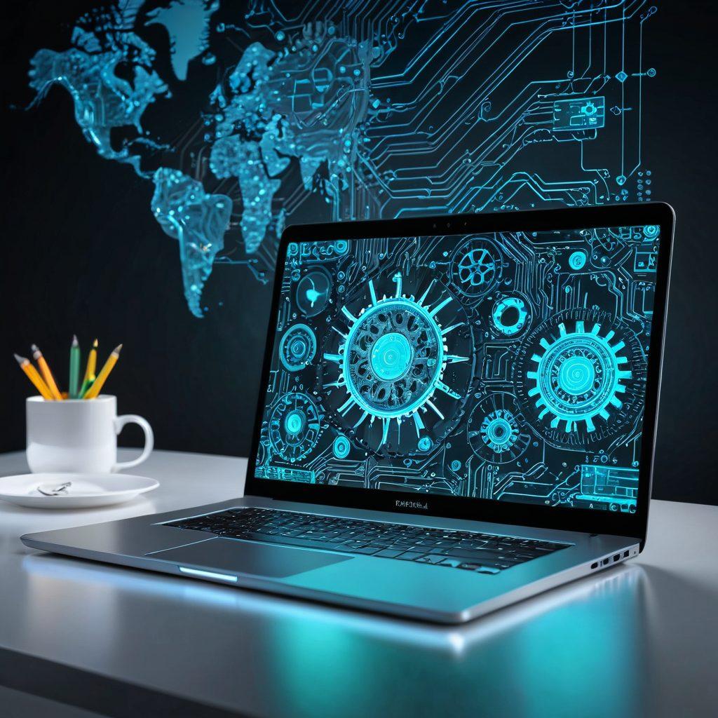 A sleek digital workspace with a modern laptop displaying coding windows and a flowing patching process visualization, surrounded by visual elements symbolizing efficiency—like gears and a streamlined arrow. Include glowing circuits and data clouds to represent software solutions innovatively. The color palette should convey a sense of calm and clarity. super-realistic. vibrant colors.