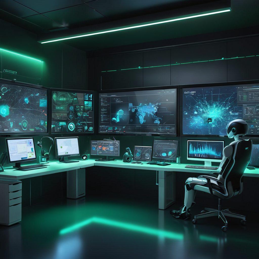 A sleek, modern workspace featuring a computer screen displaying a digital patch management dashboard, with animated gears and tools symbolizing effortless updates. Soft blue and green glow illuminating the room, creating a sense of tranquility and efficiency. Include a futuristic robot assisting with patching, surrounded by holographic data visuals. super-realistic. vibrant colors. 3D.